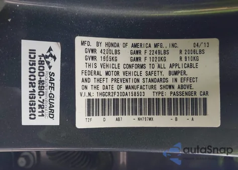 2013 Honda Accord Lx из США, поврежденный, VIN 1HGCR2F30DA158503